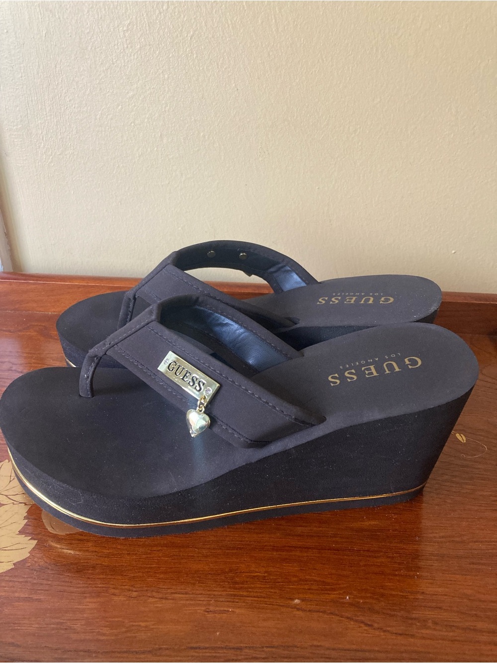 Guess Dark Brown Platform Wedge Flip Flops with Gold Heart Charm